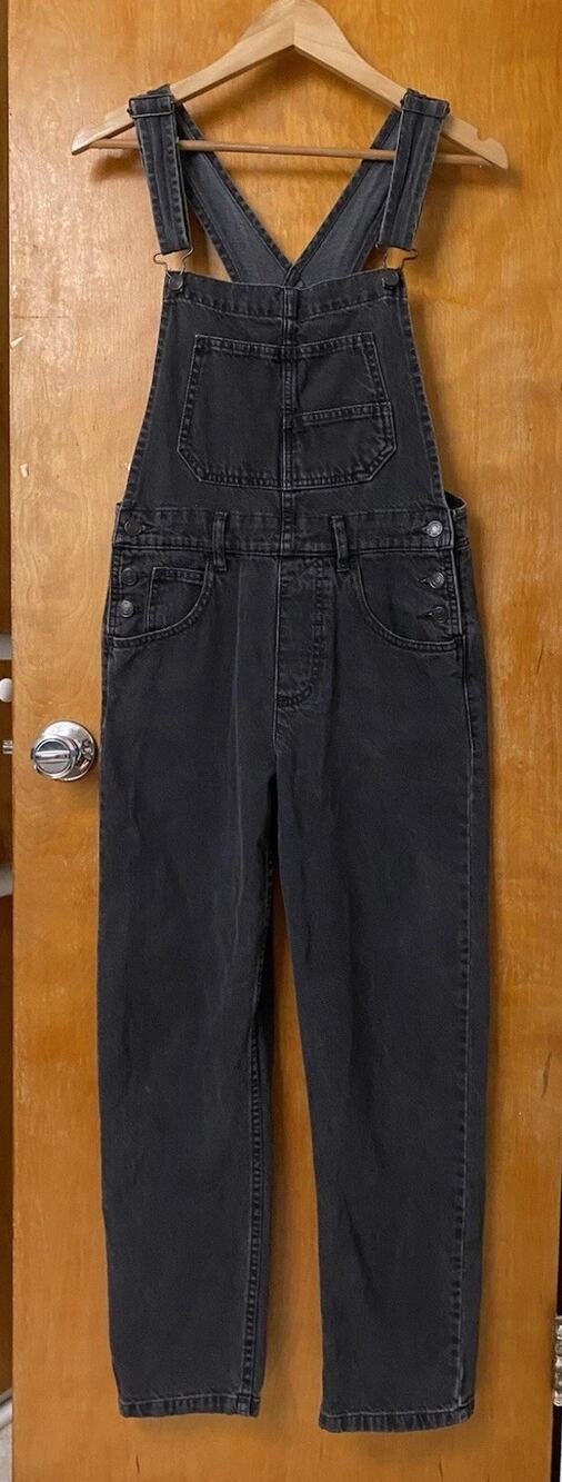 We The Free People Ziggy Black Denim Overalls Slouchy Boho Oversized Size XS